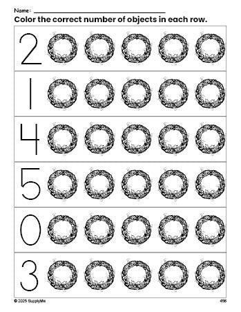 Free printable wreath Christmas count and color worksheet for preschoolers, Christmas coloring page and counting worksheet numbers 0-5, PDF