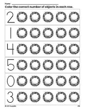 Free printable wreath Christmas count and color worksheet for preschoolers, Christmas coloring page and counting worksheet numbers 0-5, PDF