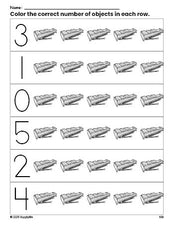 Free printable xylophone count and color worksheet for preschoolers, xylophone coloring page and counting worksheet numbers 0-5, PDF