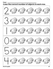 Free printable yak count and color worksheet for preschoolers, yak coloring page and counting worksheet numbers 0-5, PDF