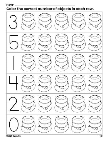 Free printable yo yo count and color worksheet for preschoolers, yo yo coloring page and counting worksheet numbers 0-5, PDF