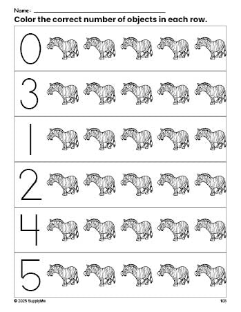 Free printable zebra count and color worksheet for preschoolers, zebra coloring page and counting worksheet numbers 0-5, PDF