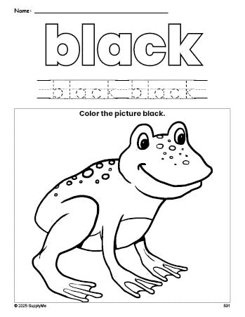 Free frog color black coloring page and color worksheet, black worksheet for preschoolers to learn colors, printable PDF