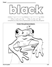 Free frog color black coloring page and color worksheet, black worksheet for preschoolers to learn colors, printable PDF