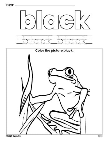 Free frog color black coloring page and color worksheet, black worksheet for preschoolers to learn colors, printable PDF