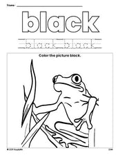 Free frog color black coloring page and color worksheet, black worksheet for preschoolers to learn colors, printable PDF