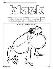 Free frog color black coloring page and color worksheet, black worksheet for preschoolers to learn colors, printable PDF