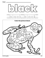 Free frog color black coloring page and color worksheet, black worksheet for preschoolers to learn colors, printable PDF