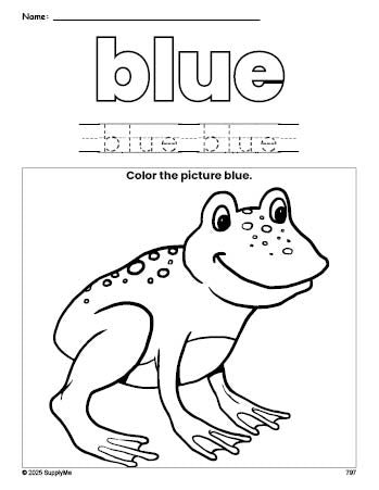 Free frog color blue coloring page and color worksheet, blue worksheet for preschoolers to learn colors, printable PDF