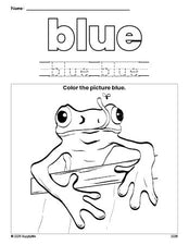 Free frog color blue coloring page and color worksheet, blue worksheet for preschoolers to learn colors, printable PDF