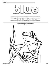 Free frog color blue coloring page and color worksheet, blue worksheet for preschoolers to learn colors, printable PDF