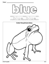 Free frog color blue coloring page and color worksheet, blue worksheet for preschoolers to learn colors, printable PDF