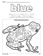 Free frog color blue coloring page and color worksheet, blue worksheet for preschoolers to learn colors, printable PDF