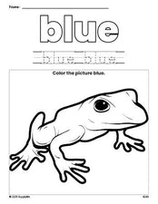 Free frog color blue coloring page and color worksheet, blue worksheet for preschoolers to learn colors, printable PDF