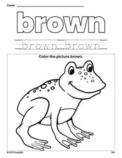 Free frog color brown coloring page and color worksheet, brown worksheet for preschoolers to learn colors, printable PDF