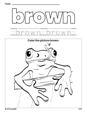 Free frog color brown coloring page and color worksheet, brown worksheet for preschoolers to learn colors, printable PDF