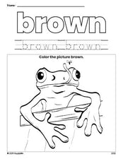 Free frog color brown coloring page and color worksheet, brown worksheet for preschoolers to learn colors, printable PDF