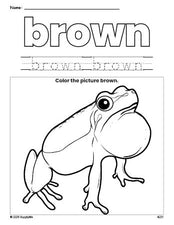 Free frog color brown coloring page and color worksheet, brown worksheet for preschoolers to learn colors, printable PDF