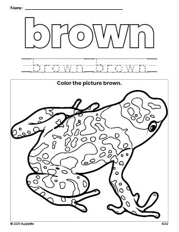 Free frog color brown coloring page and color worksheet, brown worksheet for preschoolers to learn colors, printable PDF