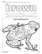 Free frog color brown coloring page and color worksheet, brown worksheet for preschoolers to learn colors, printable PDF