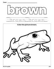 Free frog color brown coloring page and color worksheet, brown worksheet for preschoolers to learn colors, printable PDF