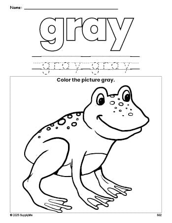 Free frog color gray coloring page and color worksheet, gray worksheet for preschoolers to learn colors, printable PDF