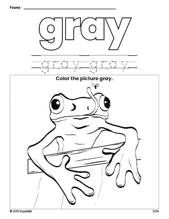 Free frog color gray coloring page and color worksheet, gray worksheet for preschoolers to learn colors, printable PDF