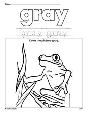 Free frog color gray coloring page and color worksheet, gray worksheet for preschoolers to learn colors, printable PDF