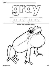 Free frog color gray coloring page and color worksheet, gray worksheet for preschoolers to learn colors, printable PDF