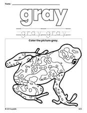 Free frog color gray coloring page and color worksheet, gray worksheet for preschoolers to learn colors, printable PDF