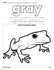 Free frog color gray coloring page and color worksheet, gray worksheet for preschoolers to learn colors, printable PDF