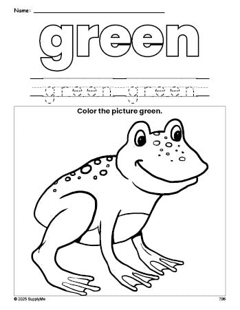 Free frog color green coloring page and color worksheet, green worksheet for preschoolers to learn colors, printable PDF