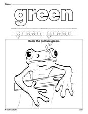 Free frog color green coloring page and color worksheet, green worksheet for preschoolers to learn colors, printable PDF