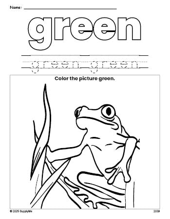 Free frog color green coloring page and color worksheet, green worksheet for preschoolers to learn colors, printable PDF