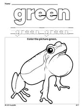 Free frog color green coloring page and color worksheet, green worksheet for preschoolers to learn colors, printable PDF