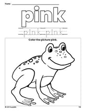 Free frog color pink coloring page and color worksheet, pink worksheet for preschoolers to learn colors, printable PDF