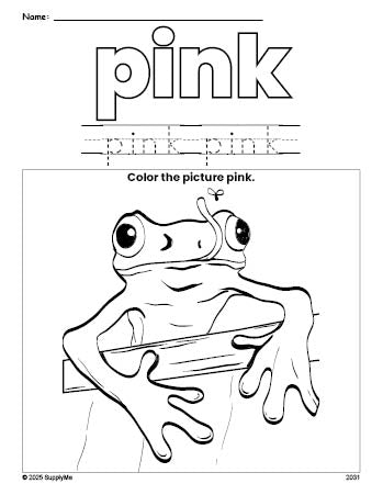 Free frog color pink coloring page and color worksheet, pink worksheet for preschoolers to learn colors, printable PDF