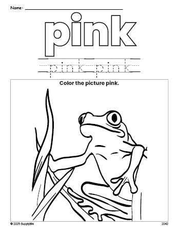 Free frog color pink coloring page and color worksheet, pink worksheet for preschoolers to learn colors, printable PDF