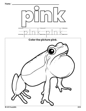 Free frog color pink coloring page and color worksheet, pink worksheet for preschoolers to learn colors, printable PDF