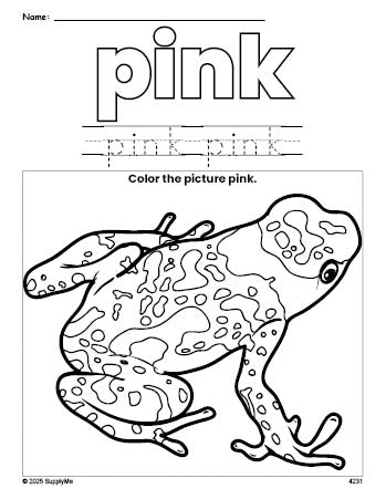 Free frog color pink coloring page and color worksheet, pink worksheet for preschoolers to learn colors, printable PDF