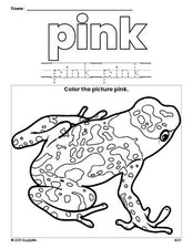 Free frog color pink coloring page and color worksheet, pink worksheet for preschoolers to learn colors, printable PDF