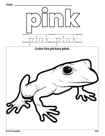 Free frog color pink coloring page and color worksheet, pink worksheet for preschoolers to learn colors, printable PDF