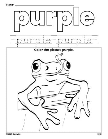 Free frog color purple coloring page and color worksheet, purple worksheet for preschoolers to learn colors, printable PDF