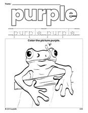 Free frog color purple coloring page and color worksheet, purple worksheet for preschoolers to learn colors, printable PDF