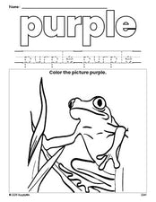 Free frog color purple coloring page and color worksheet, purple worksheet for preschoolers to learn colors, printable PDF