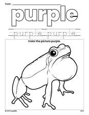 Free frog color purple coloring page and color worksheet, purple worksheet for preschoolers to learn colors, printable PDF