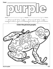 Free frog color purple coloring page and color worksheet, purple worksheet for preschoolers to learn colors, printable PDF