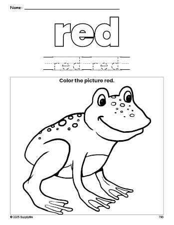 Free frog color red coloring page and color worksheet, red worksheet for preschoolers to learn colors, printable PDF