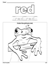 Free frog color red coloring page and color worksheet, red worksheet for preschoolers to learn colors, printable PDF