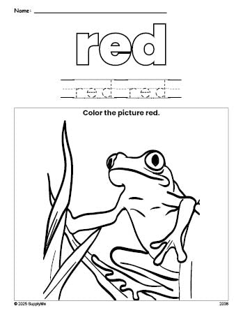 Free frog color red coloring page and color worksheet, red worksheet for preschoolers to learn colors, printable PDF